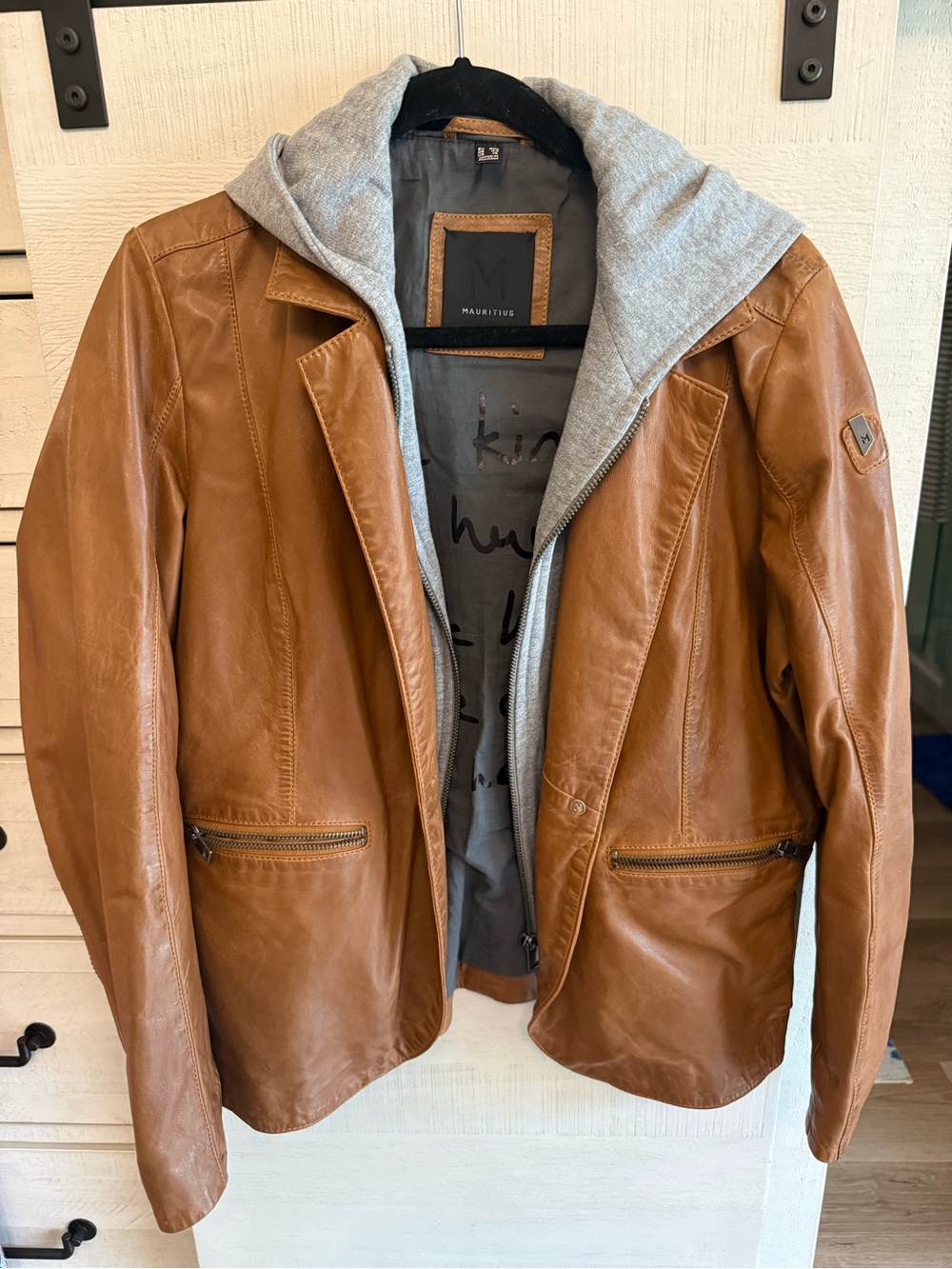 Women’s Mauritius Brown Leather Jacket with Removable Grey Hooded Liner
